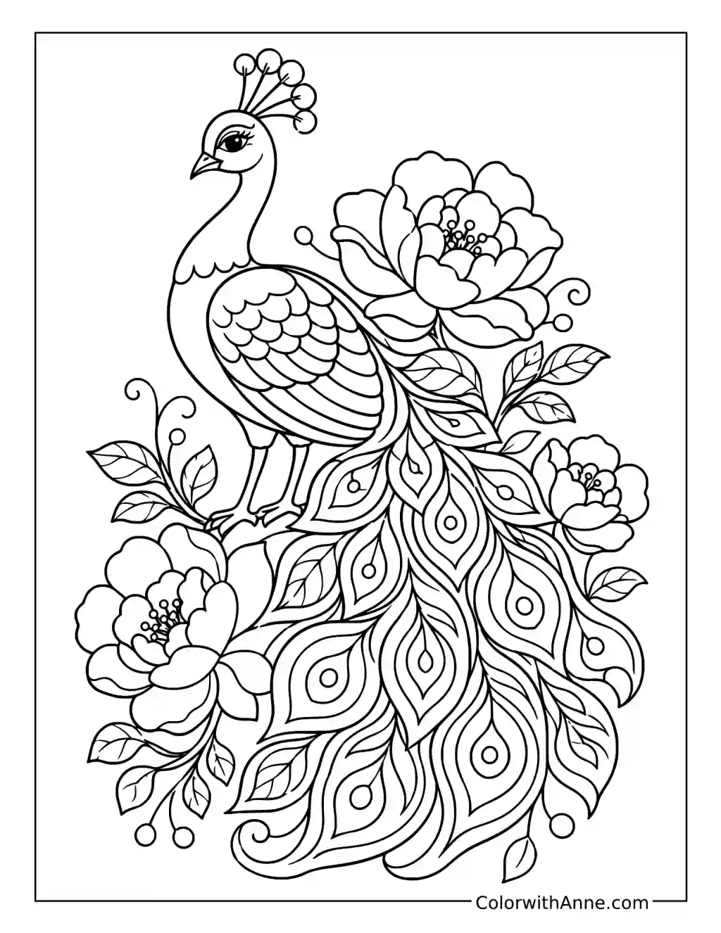 Ornamental Peacock Among Peonies coloring page