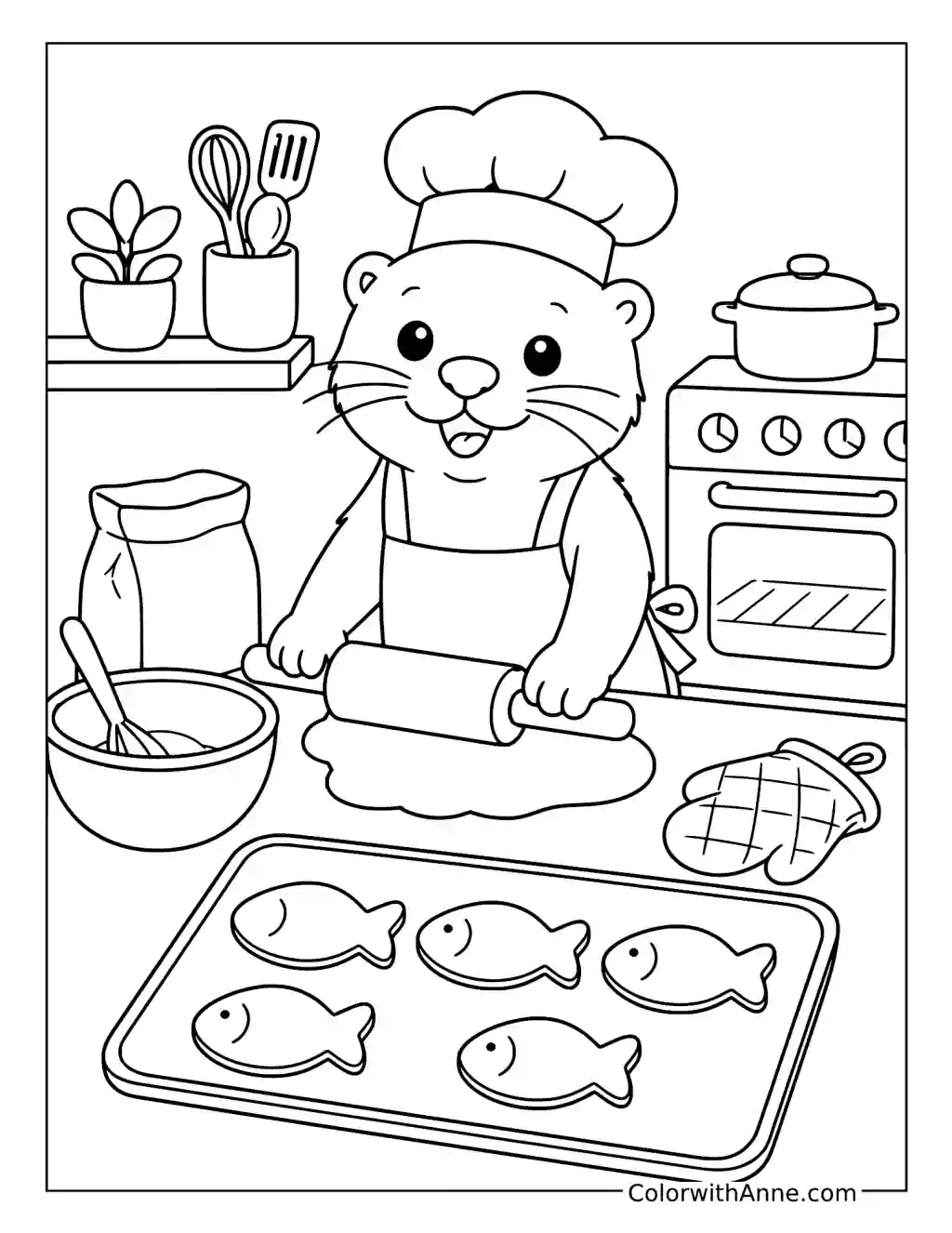 Otter Baking Fish-Shaped Cookies coloring page