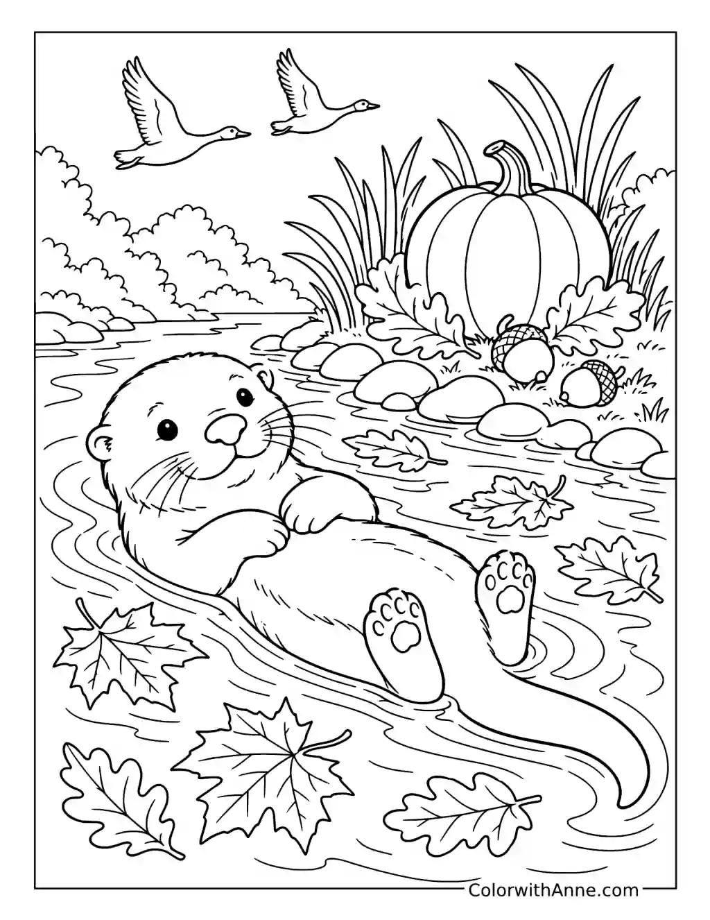 Otter Floating among Autumn Leaves coloring page