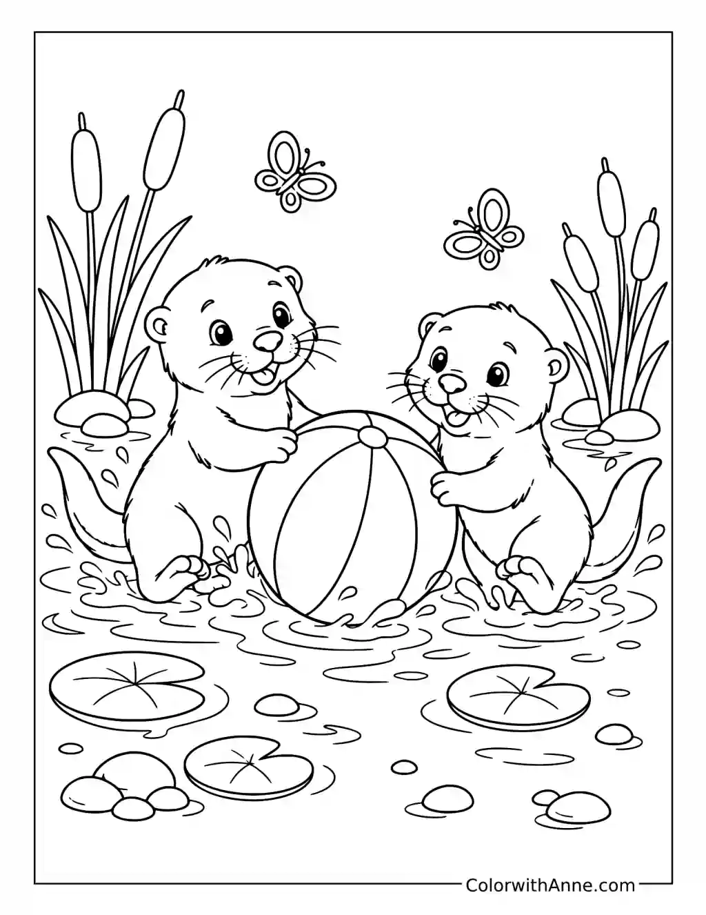 Otter Pups Playing with a Beach Ball coloring page