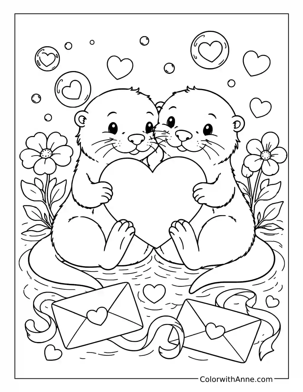 Otters Sharing a Valentine Heart coloring page