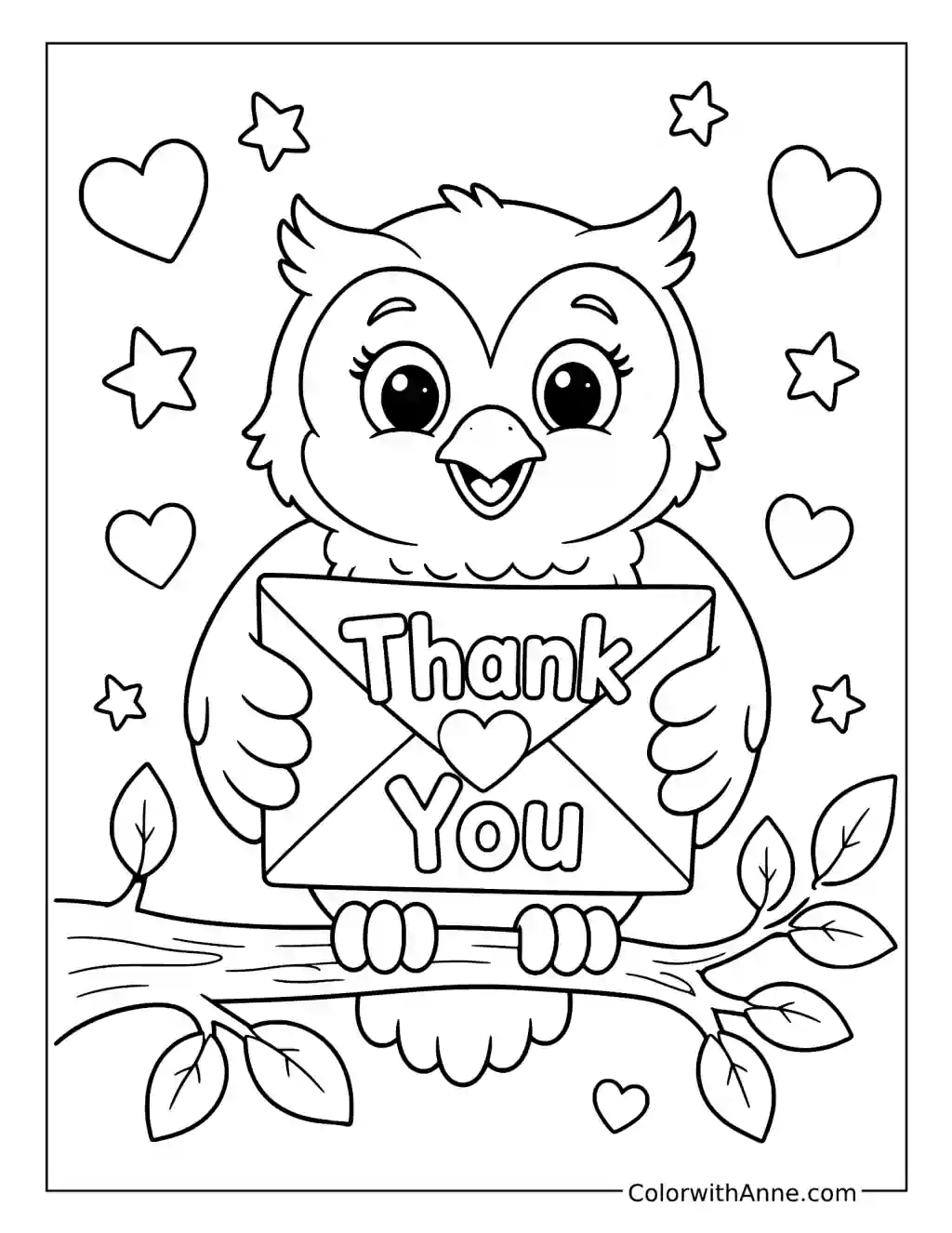 Owl Holding Thank You Envelope coloring page