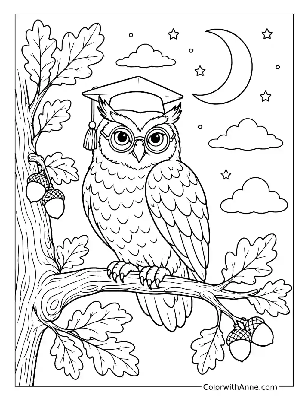 Owl in a Graduation Cap Beside an Oak Tree coloring page