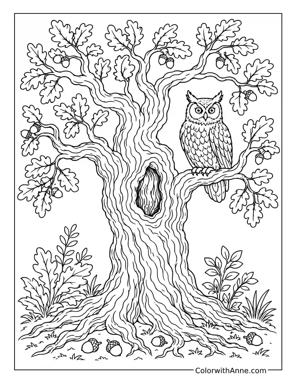 Owl in an Old Oak Tree coloring page