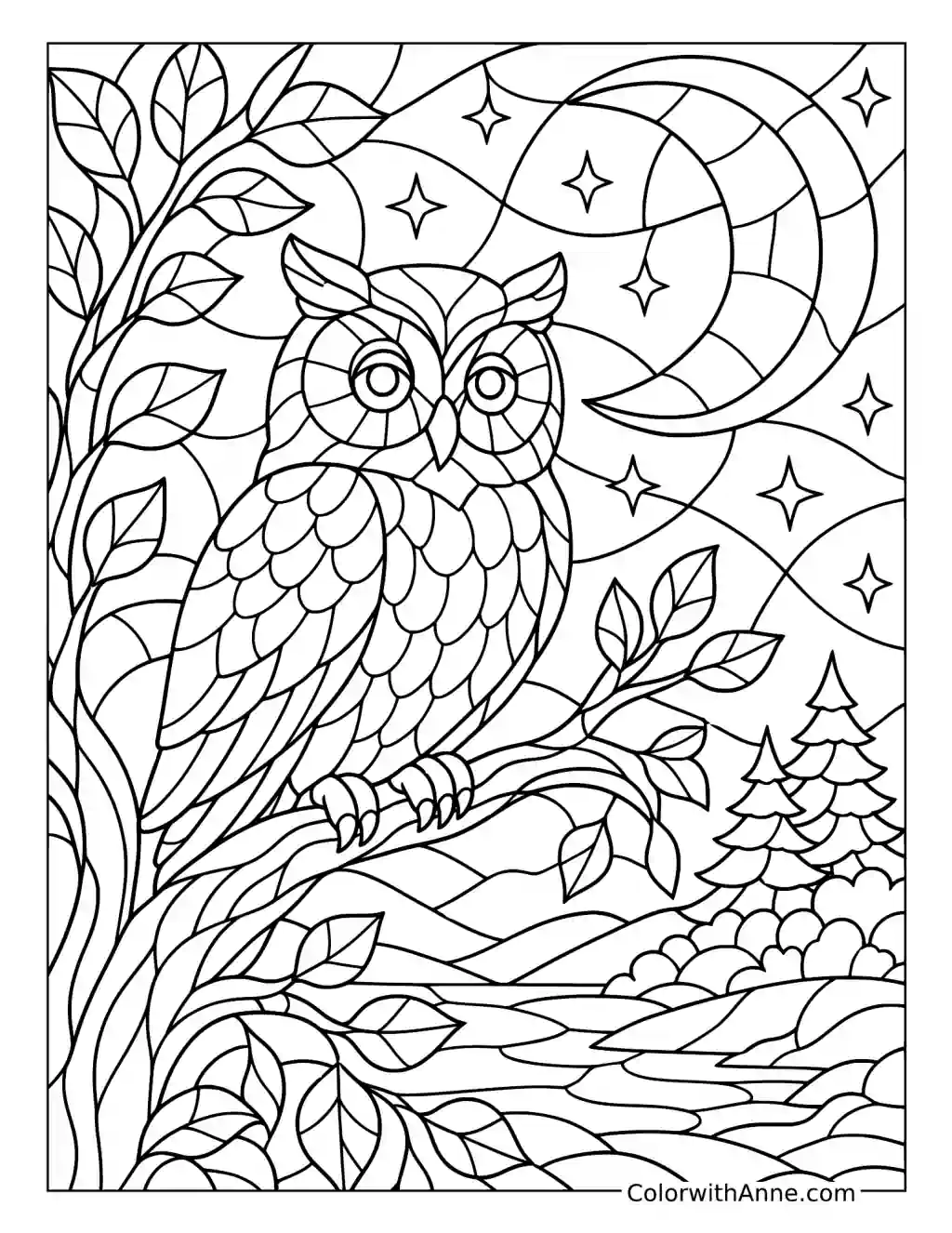 Owl Under the Moon Stained Glass coloring page