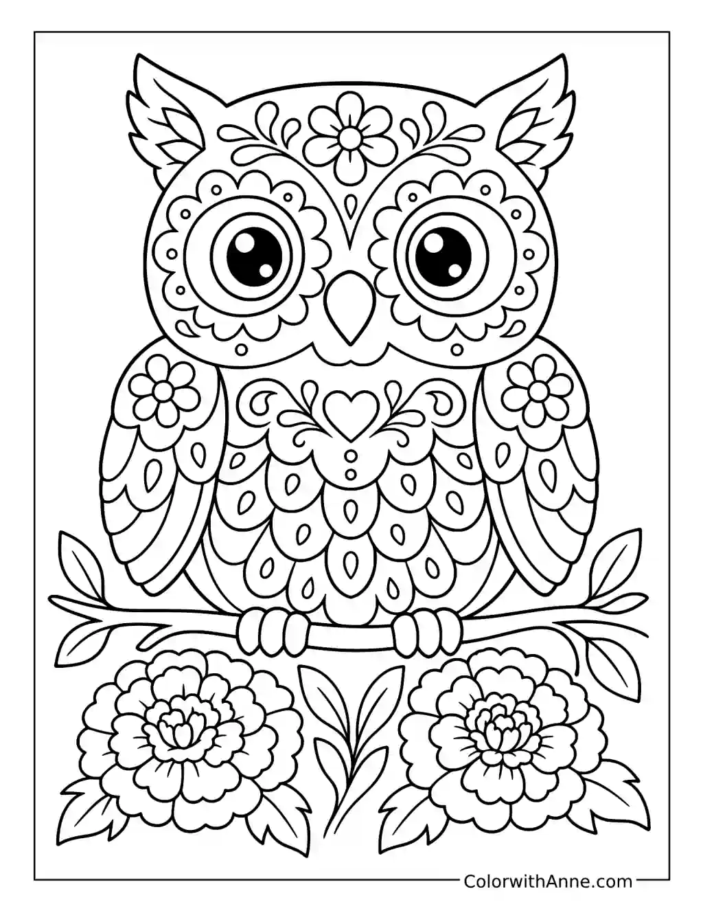 Owl with Sugar Skull Patterns Above Marigolds coloring page