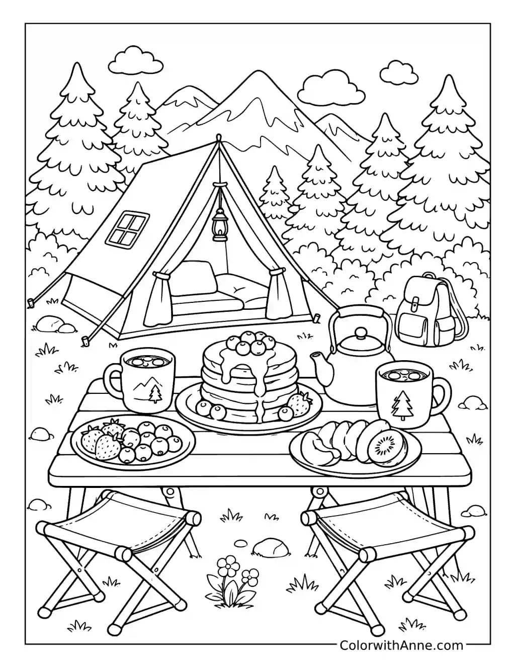 Pancakes and Cocoa at Camp coloring page