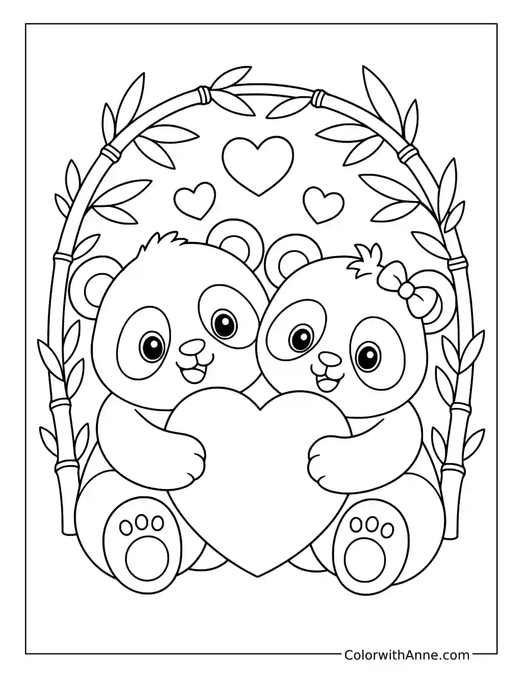 Pandas Sharing a Heart beneath a Bamboo Arch coloring page
