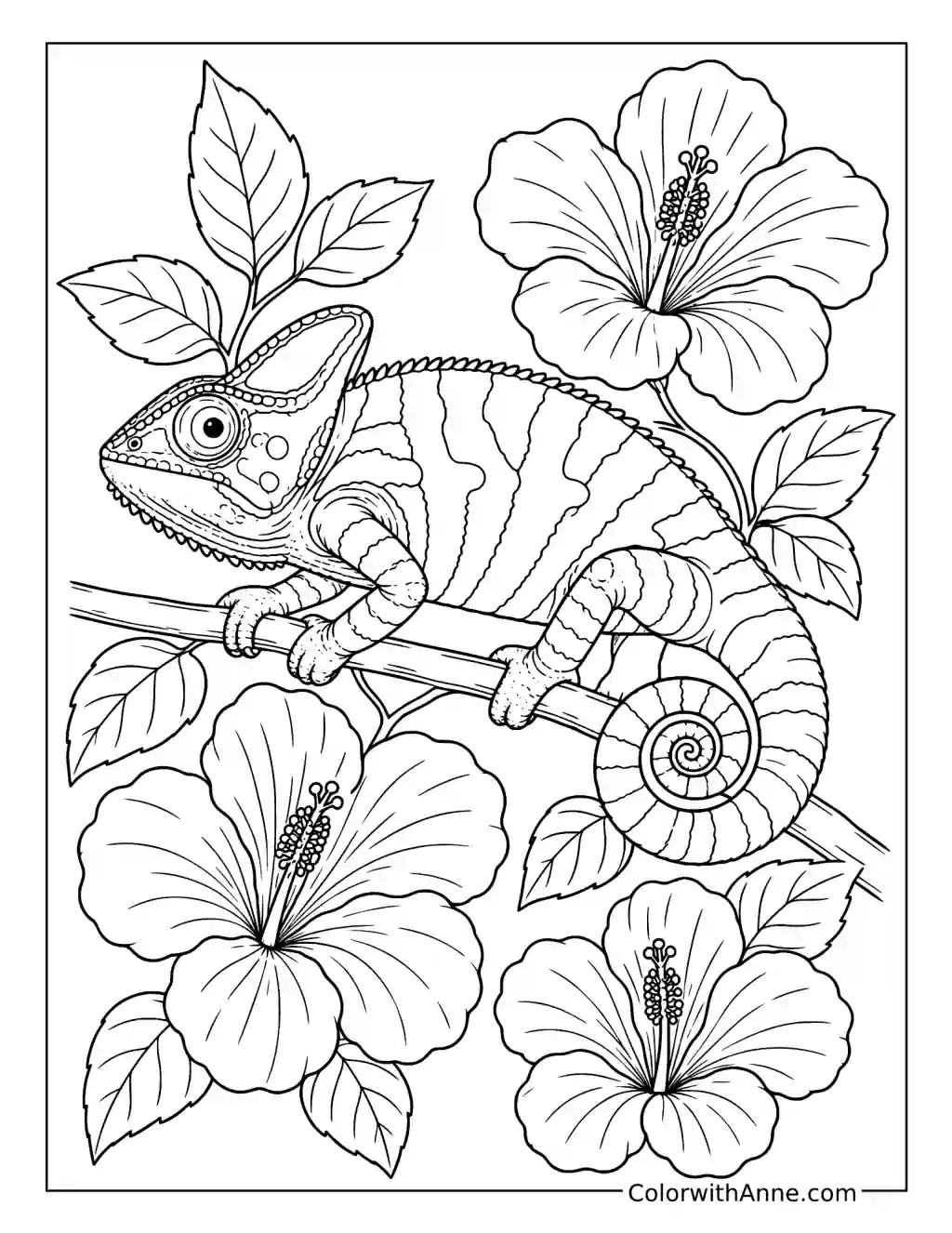 Panther Chameleon Among Hibiscus Flowers coloring page