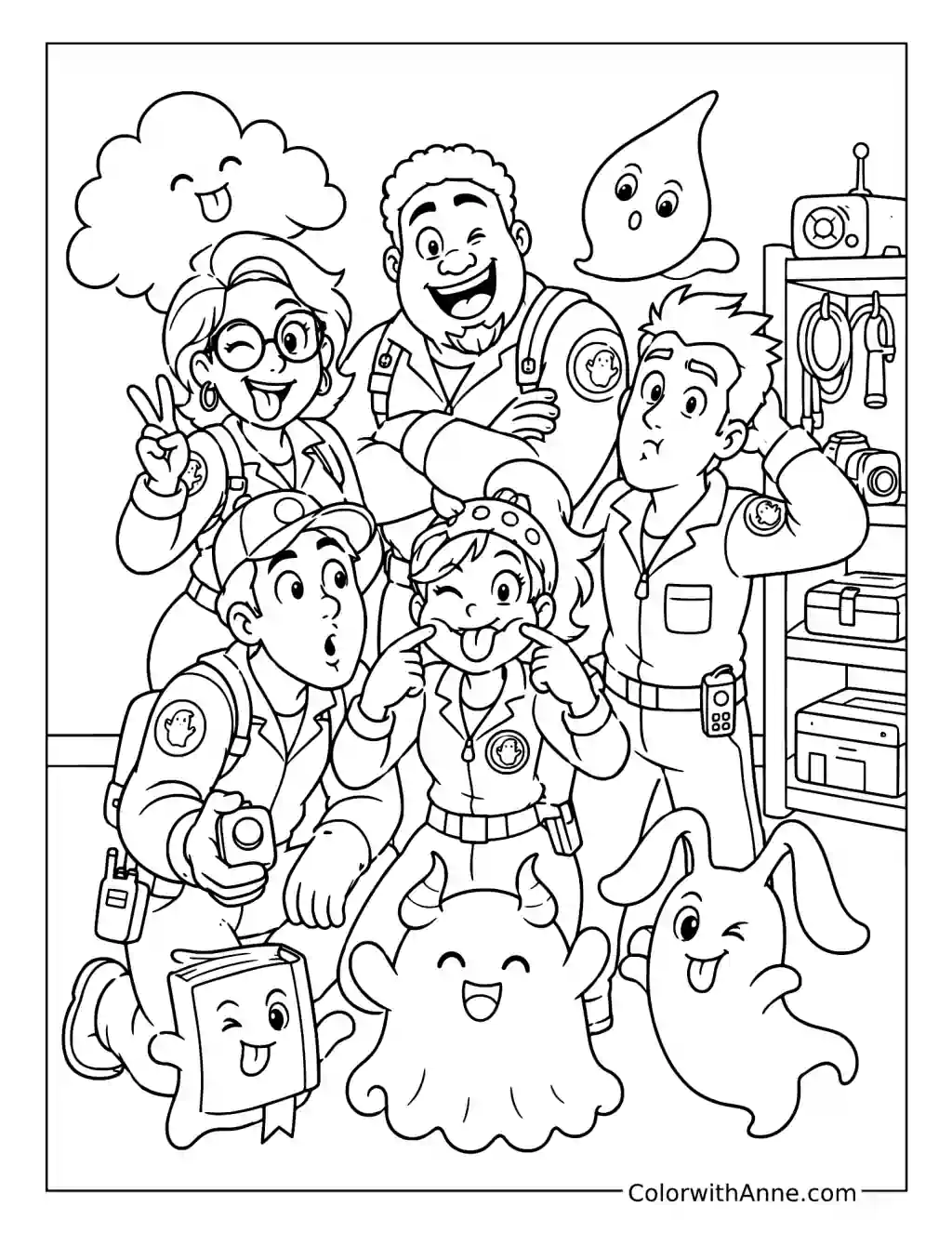 Paranormal Investigators Posing with Playful Ghosts coloring page