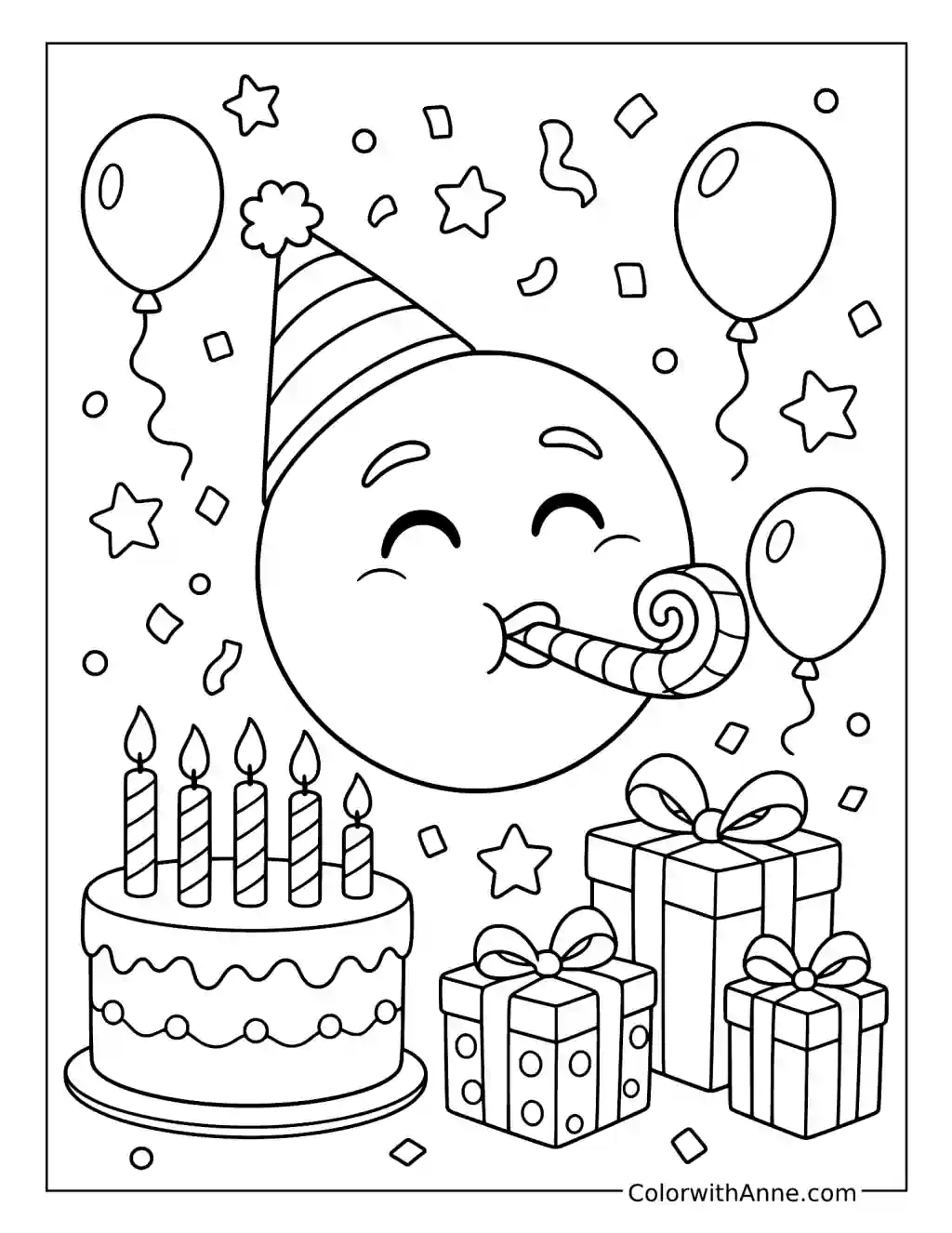 Party Emoji with a Birthday Cake and Gifts coloring page