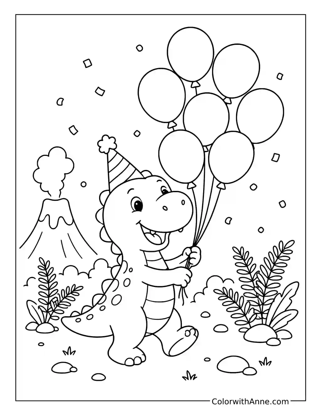 Party-Hat Dinosaur’s Balloon Adventure coloring page