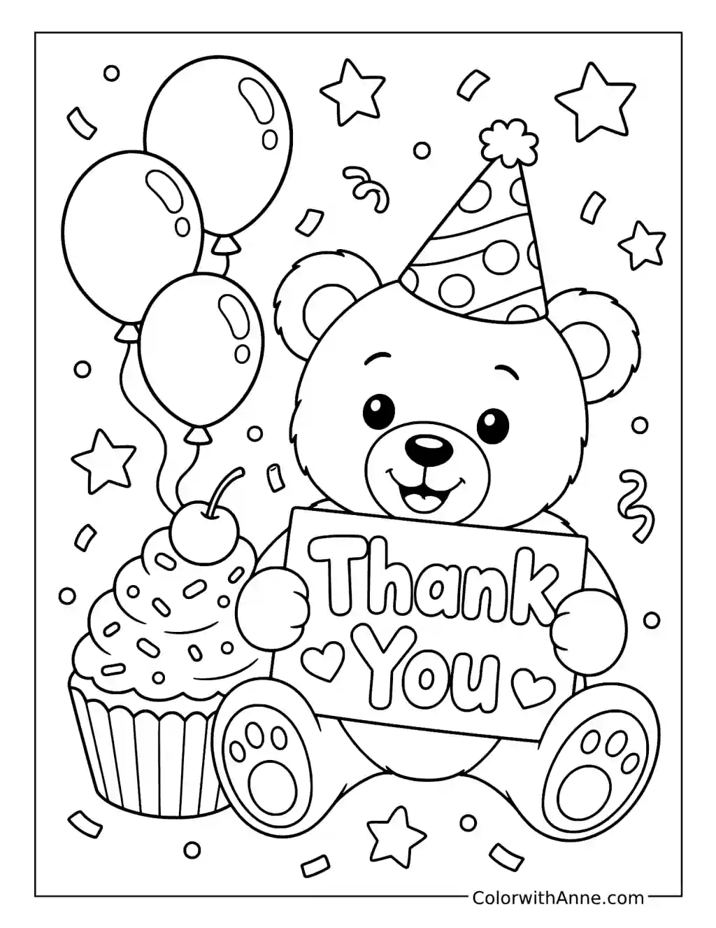 Party Teddy Bear with Thank You Sign coloring page