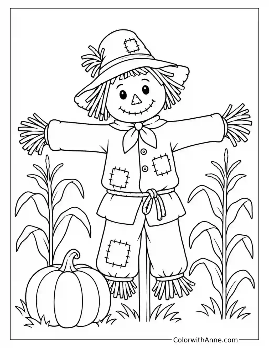 Patched Scarecrow in a Cornfield coloring page