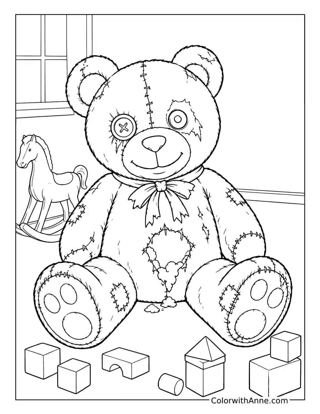 Patchwork Teddy Bear among Toy Blocks coloring page