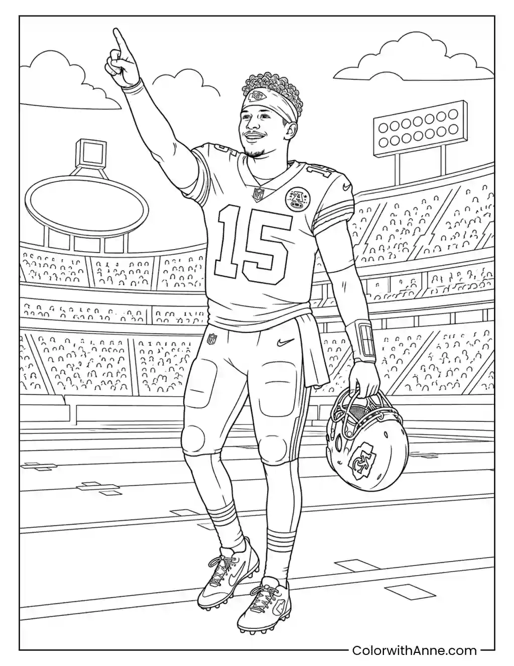 Patrick Mahomes Points Up While Holding His Helmet coloring page