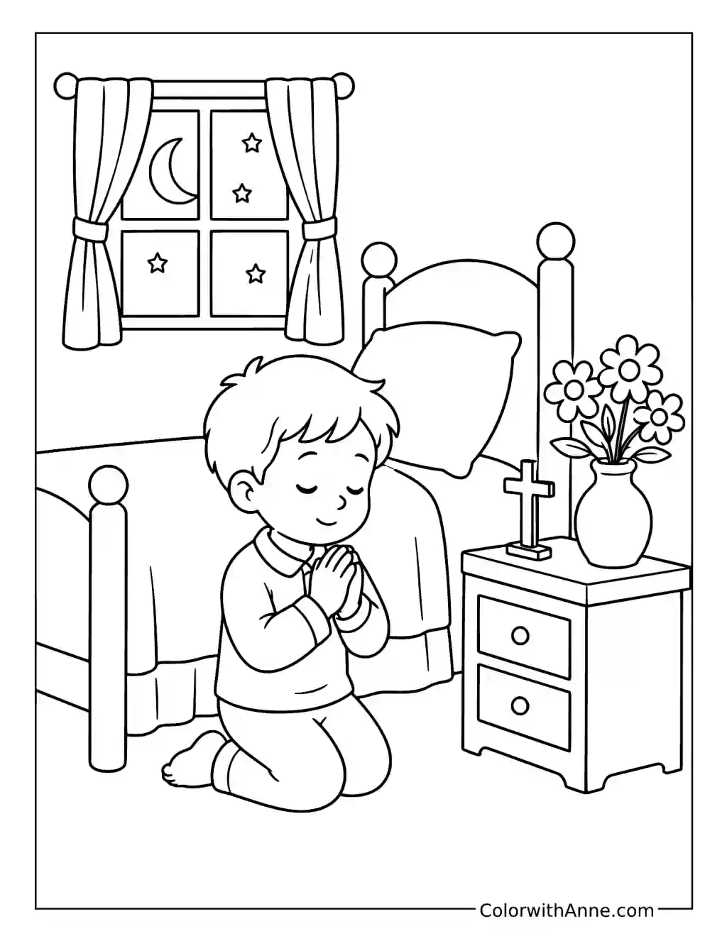 Peaceful Bedside Prayer Under Moonlight coloring page