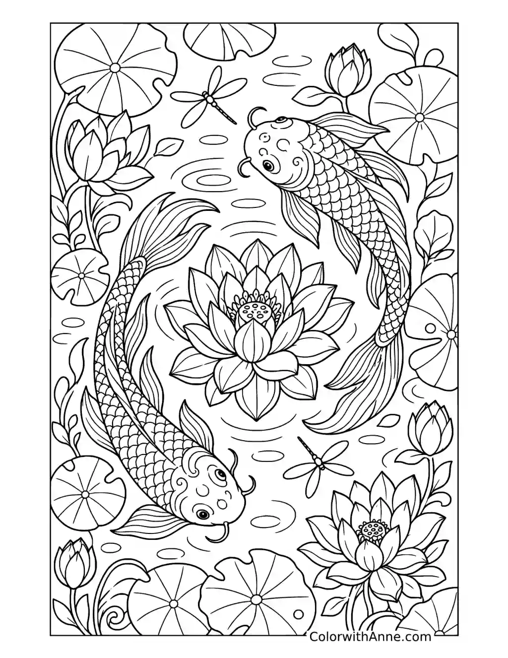 Peaceful Koi Lotus Pond coloring page