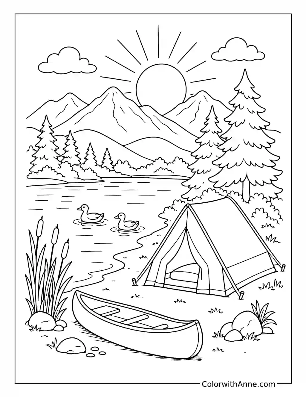 Peaceful Lakeside Camping Morning coloring page