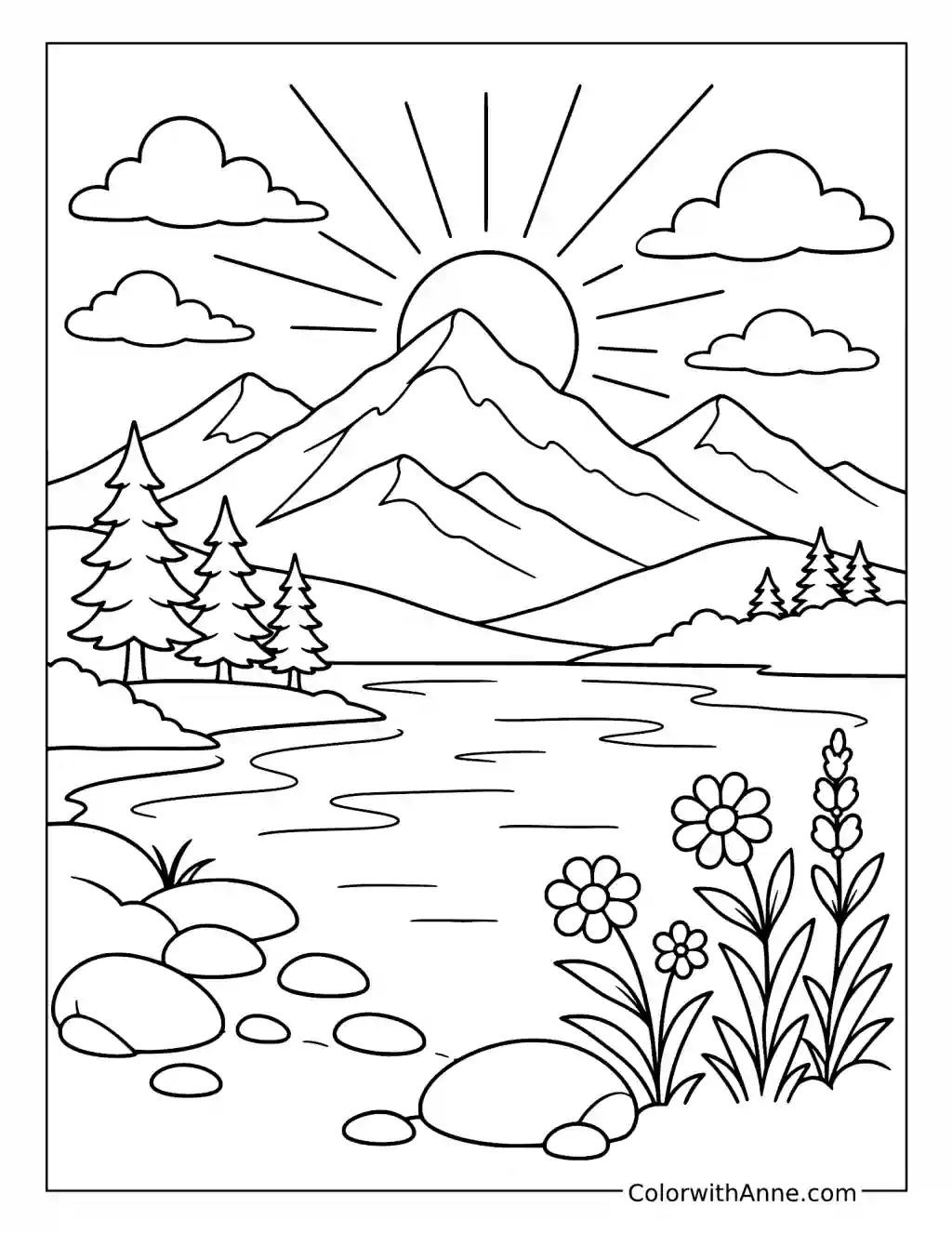 Peaceful Mountain Sunrise coloring page