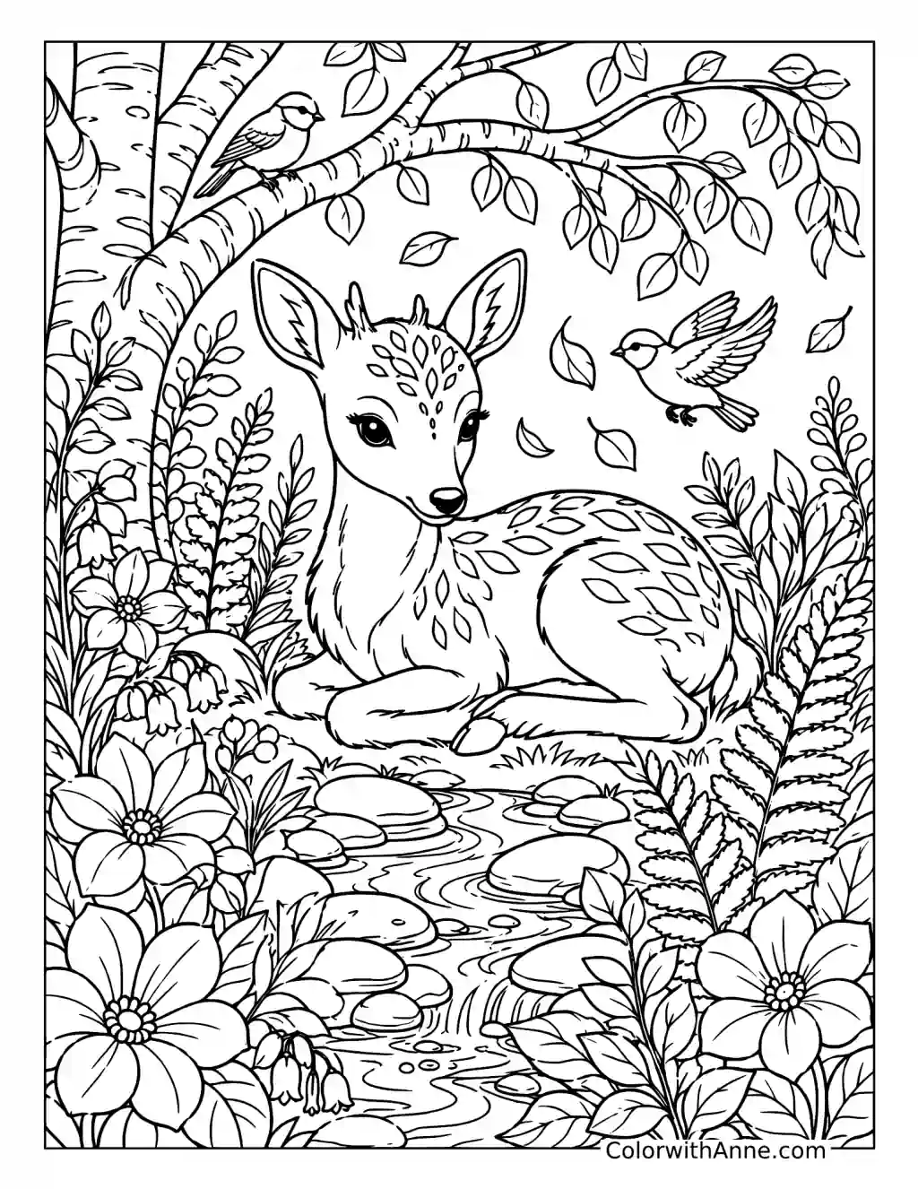 Peaceful Woodland Deer by the Stream coloring page