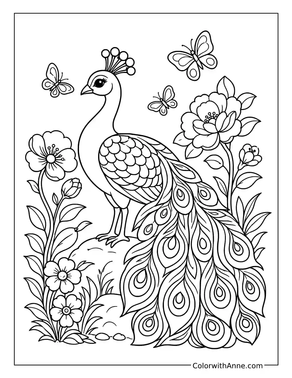 Peacock and Butterflies in the Garden coloring page