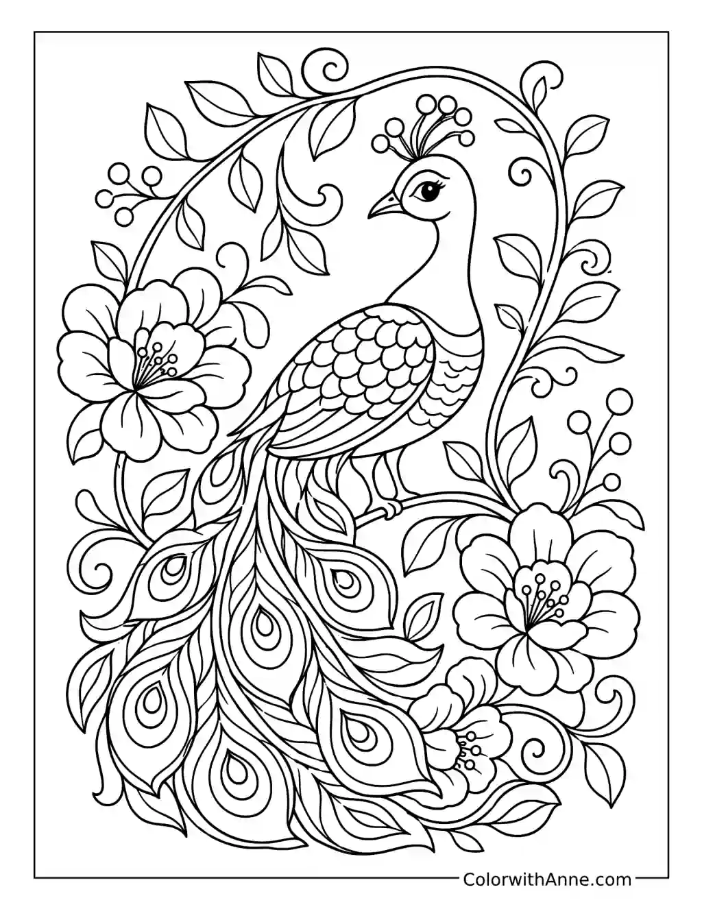 Peacock Beneath Arching Vines coloring page