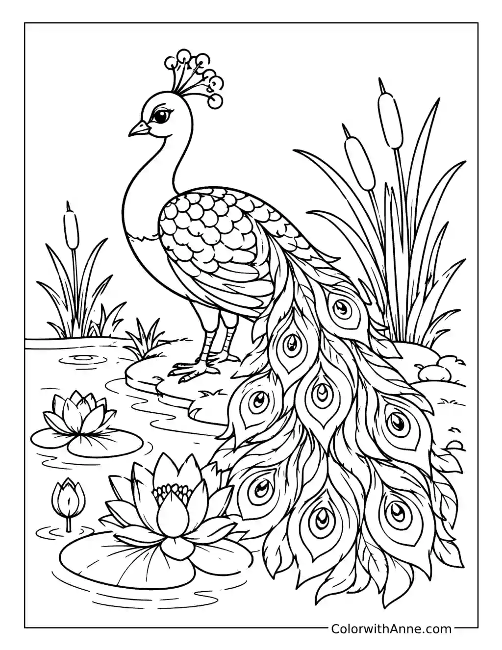Peacock by the Lotus Pond coloring page
