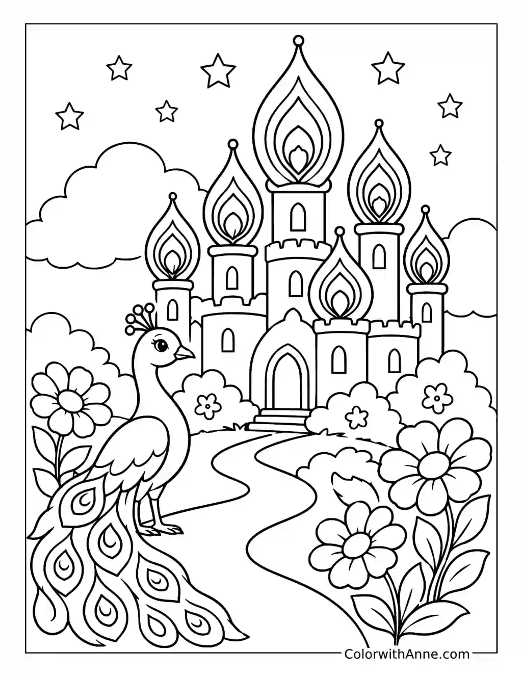 Peacock Feather Dream Castle coloring page