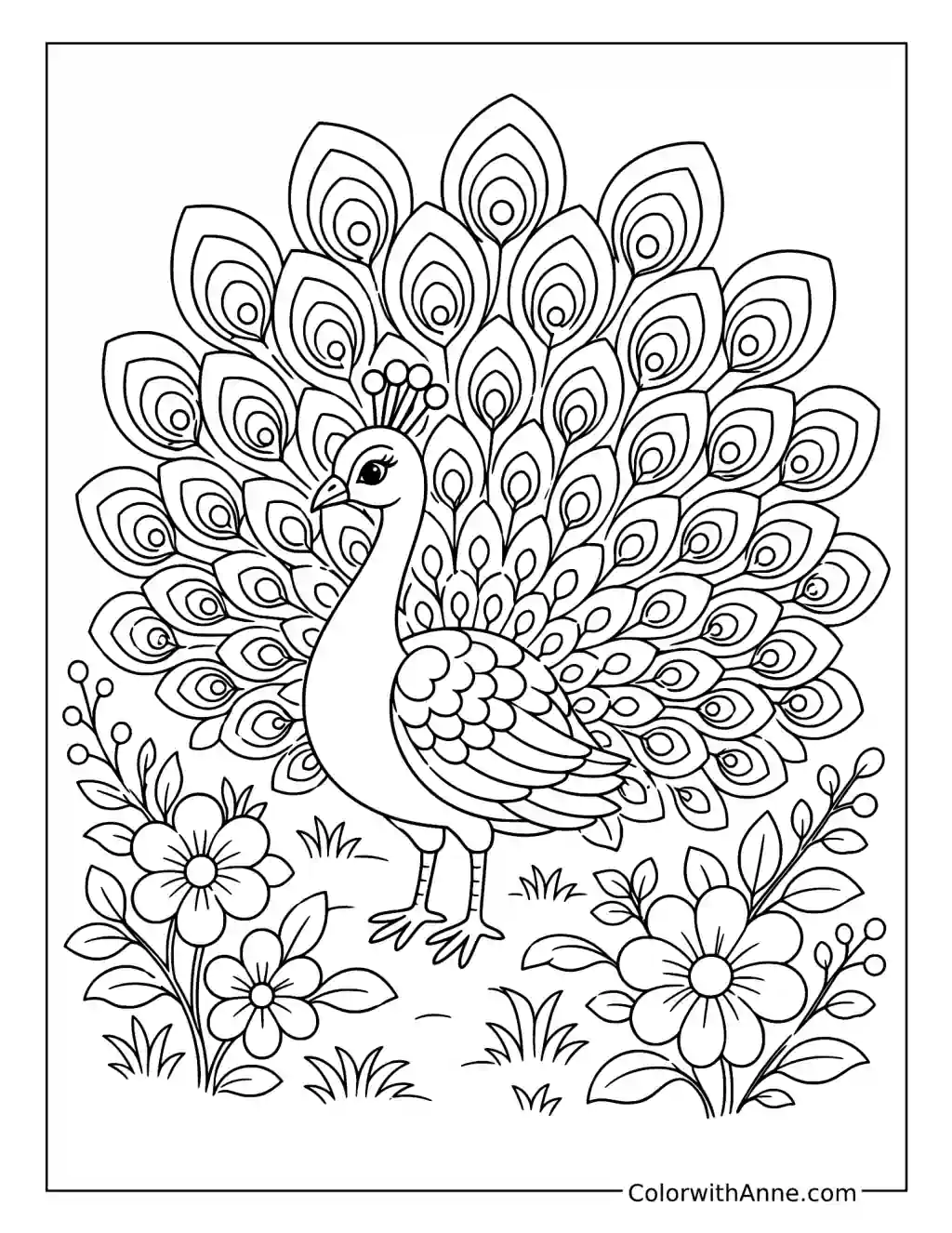 Peacock in a Blooming Garden coloring page