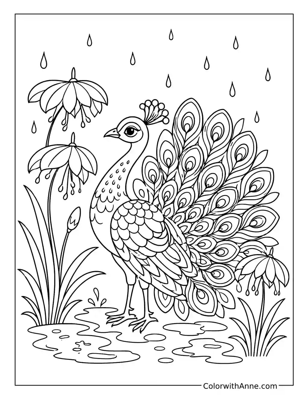 Peacock in a Rainy Garden coloring page