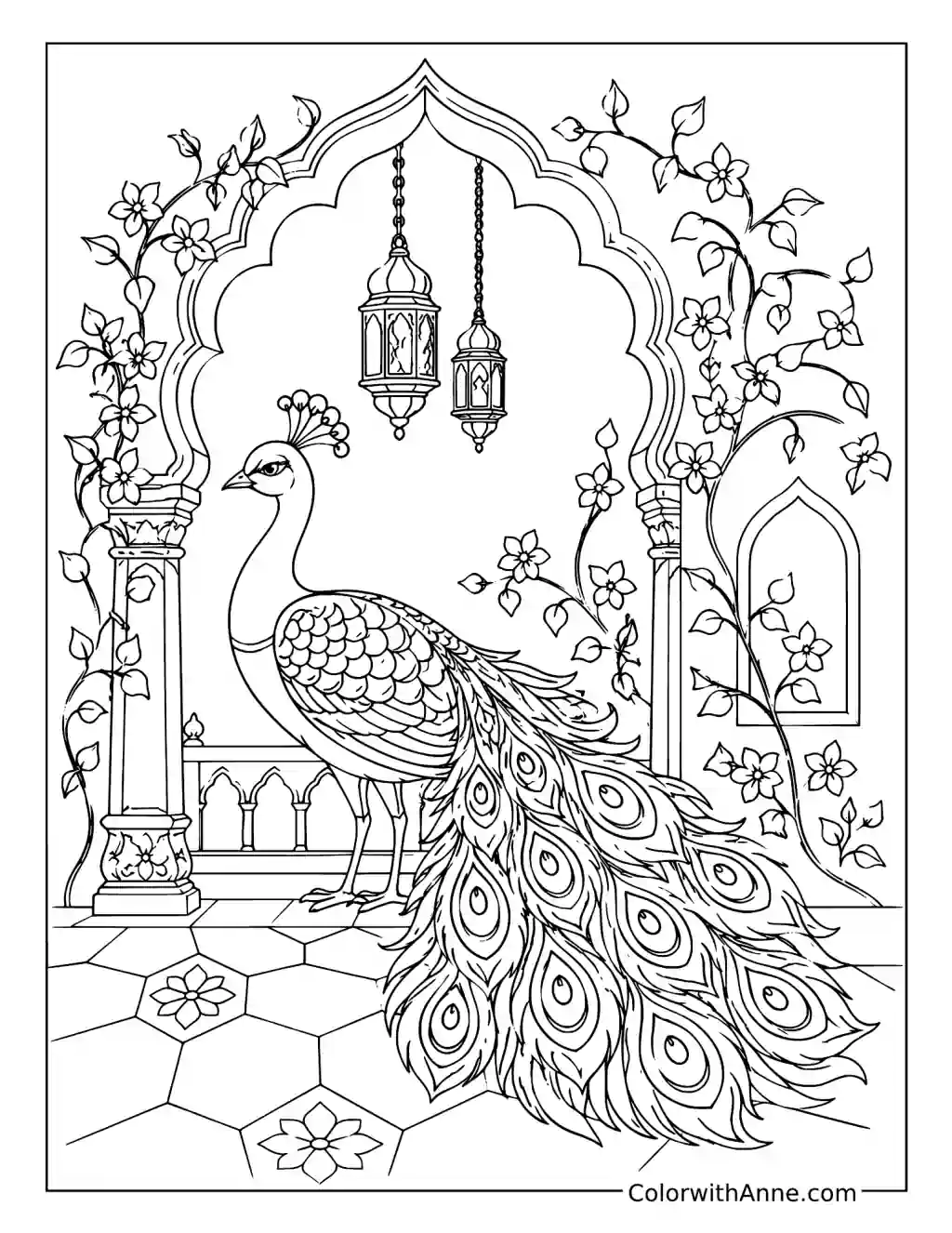 Peacock in an Ornate Palace Courtyard coloring page