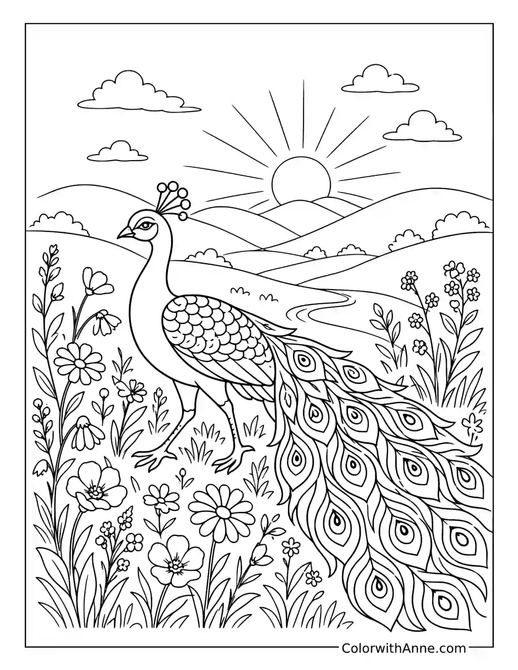 Peacock Meadow at Sunrise coloring page