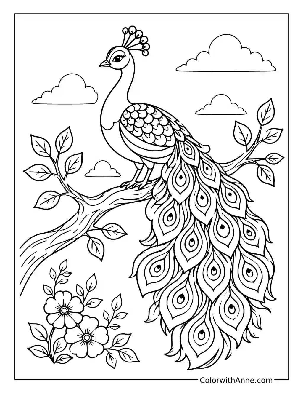Peacock on a Cloudy Branch coloring page