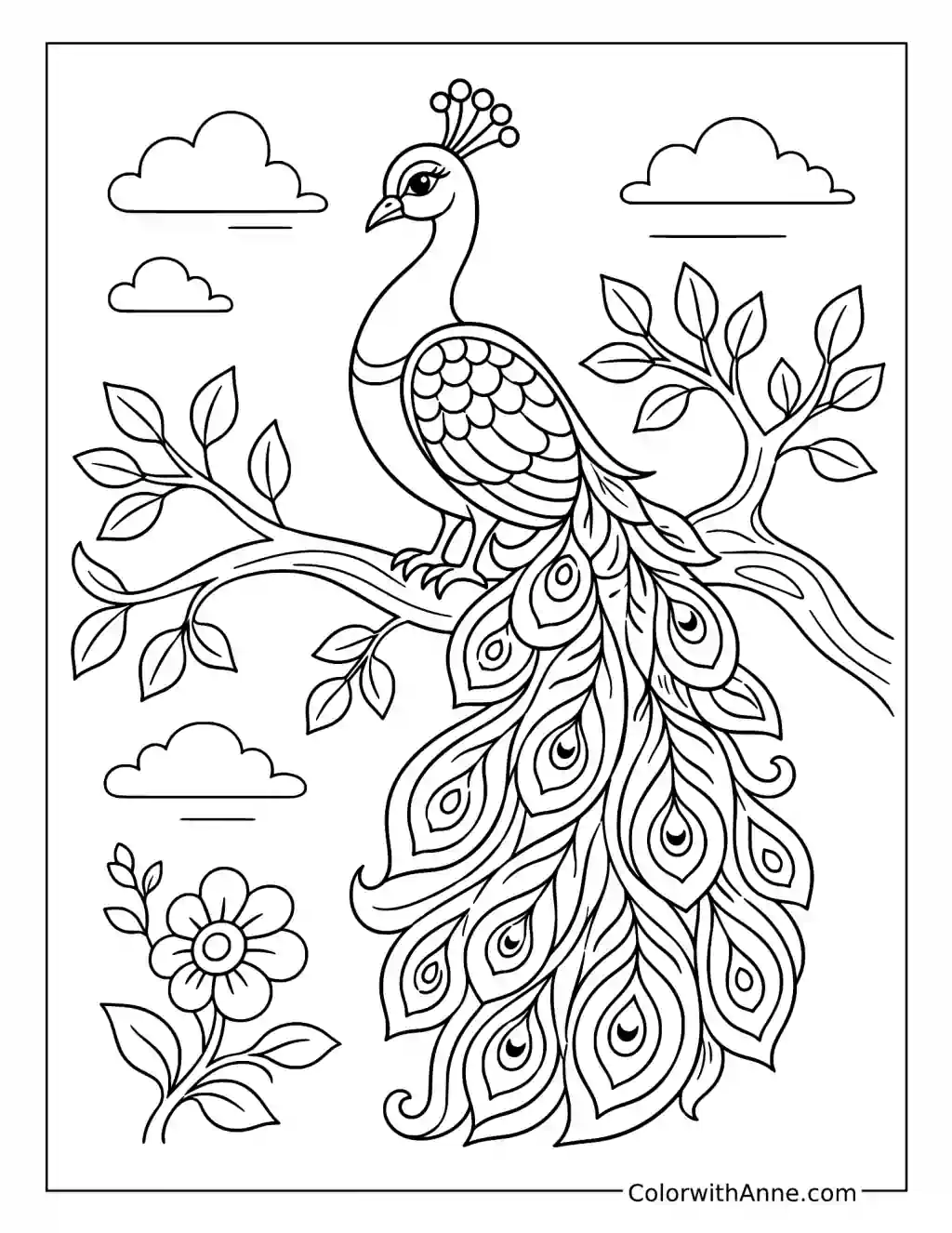 Peacock Perched on a Leafy Branch coloring page