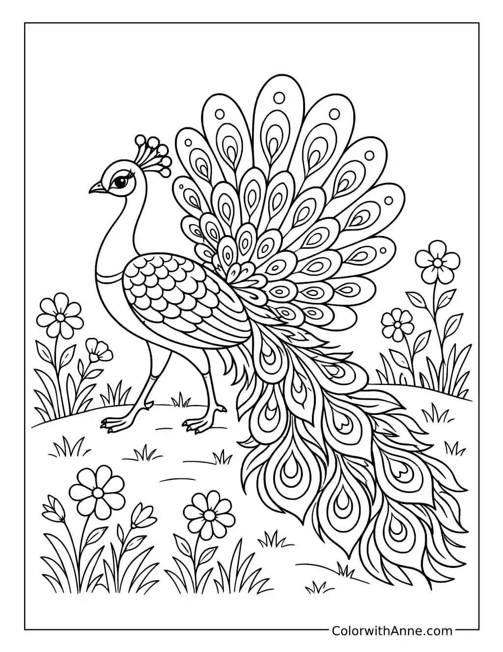 Peacock Strolling Through a Wildflower Meadow coloring page