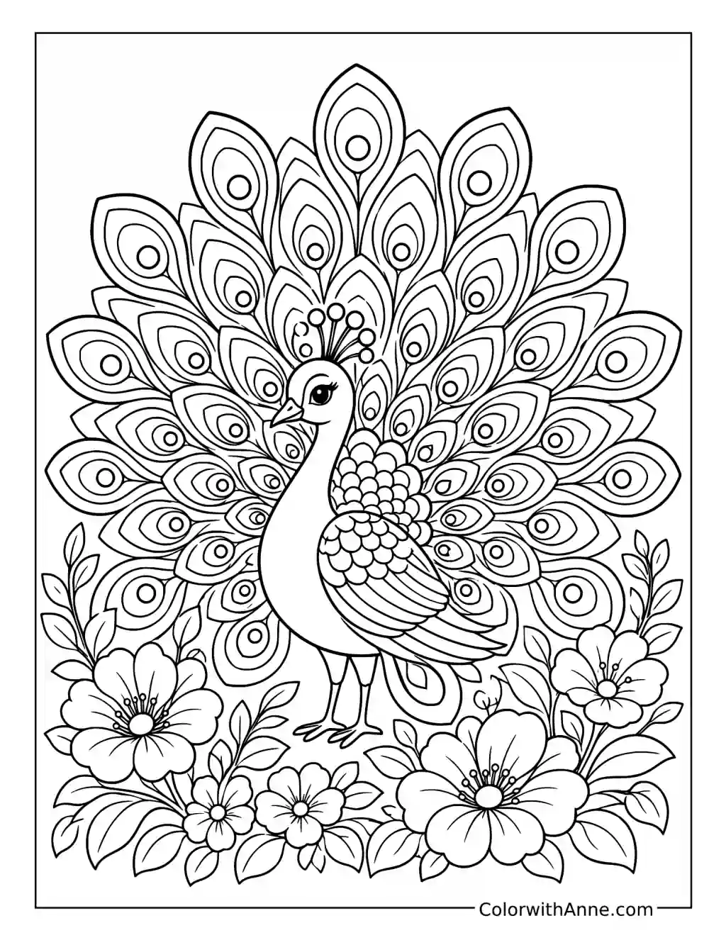 Peacock with a Grand Floral Fan coloring page