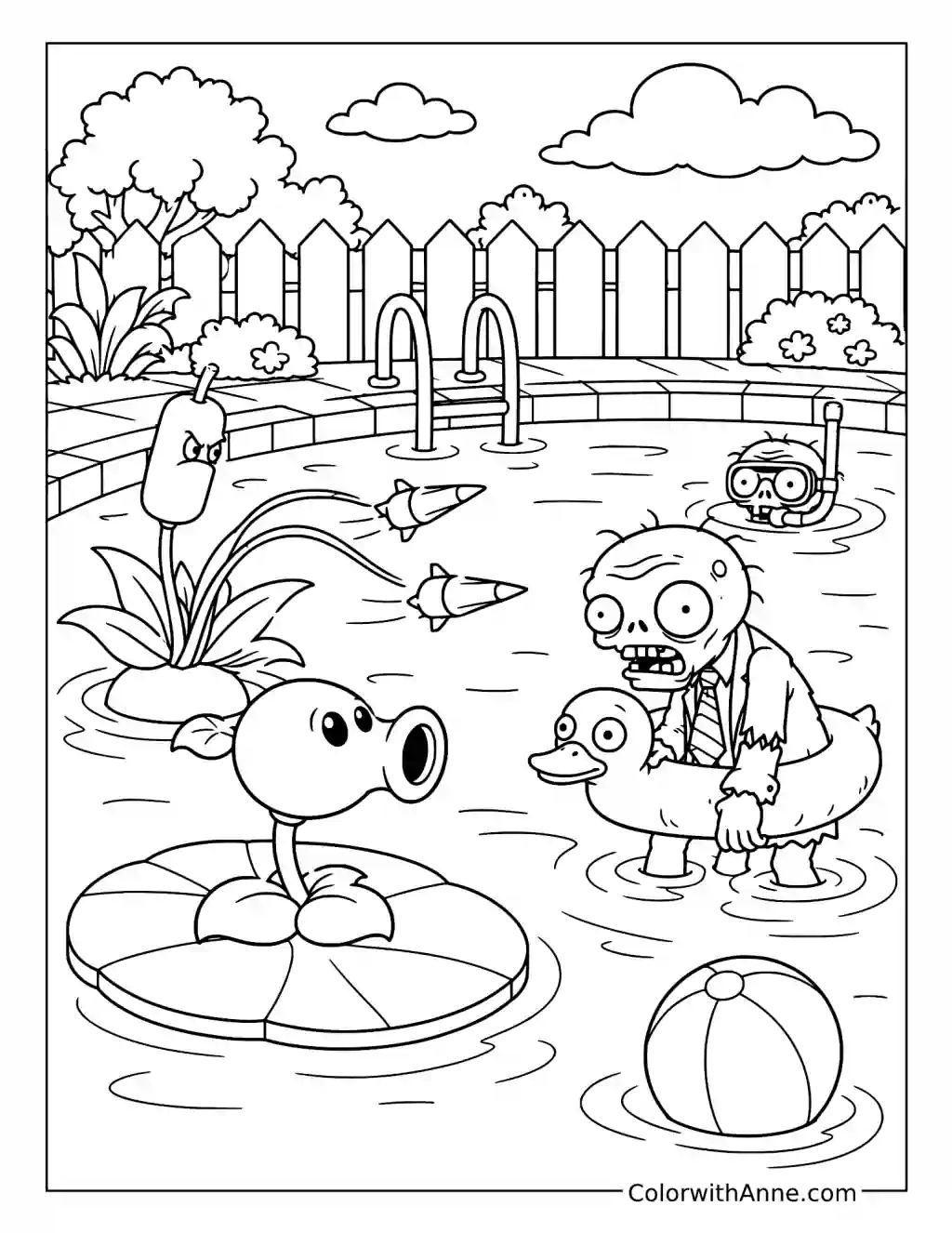 Peashooter and Cattail Face Pool Zombies coloring page