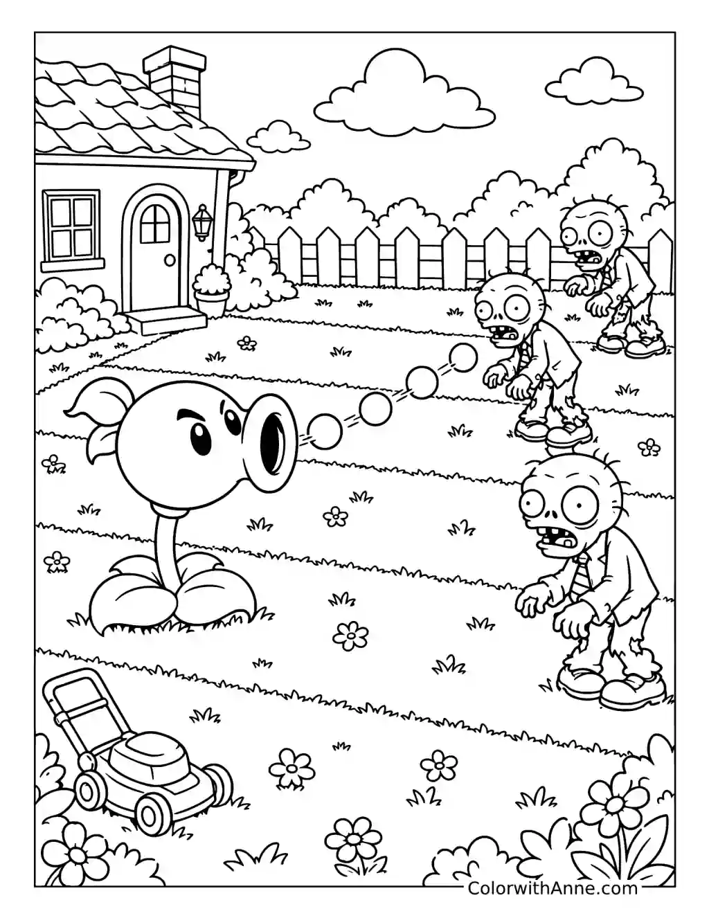 Peashooter Defends the Lawn coloring page