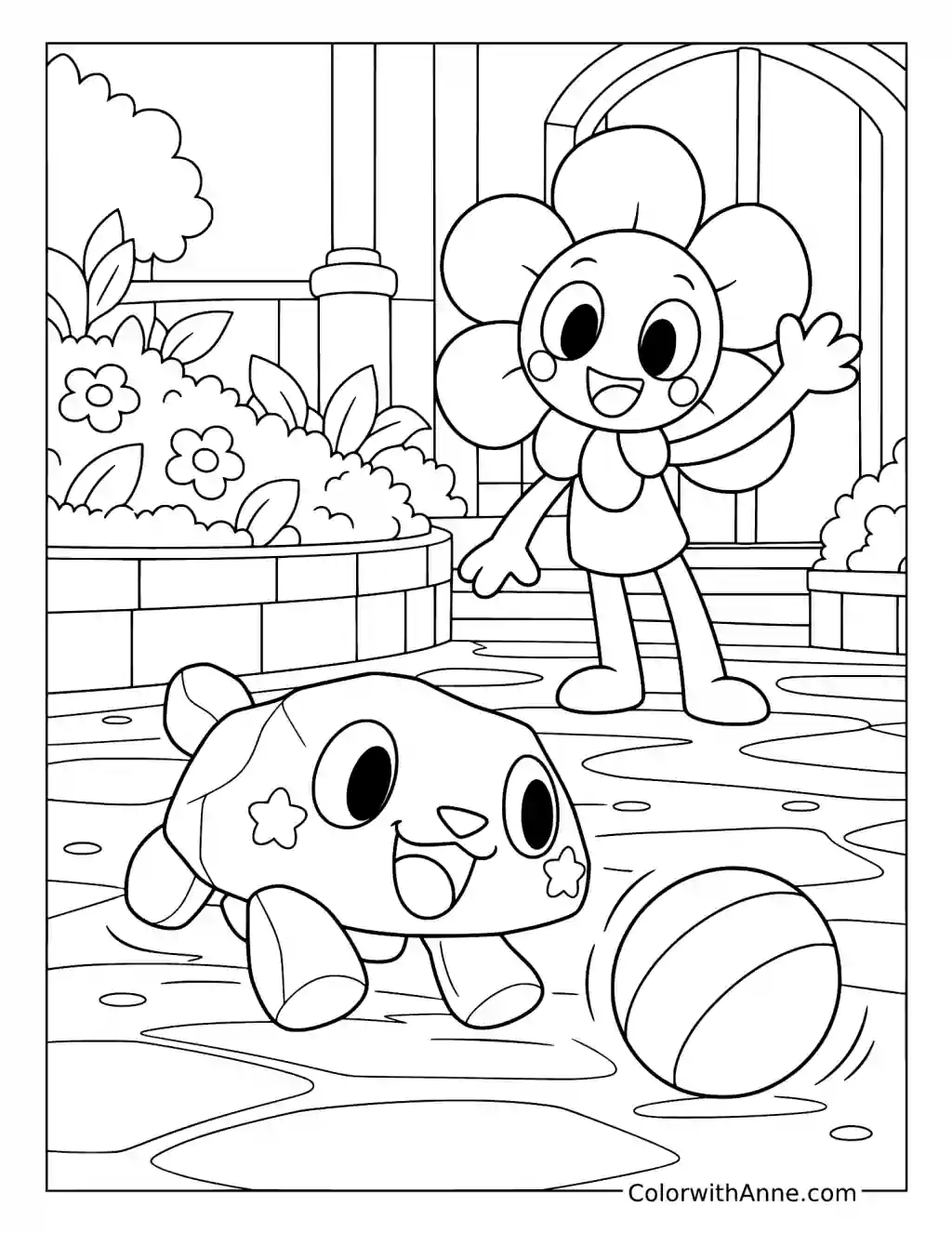 Pebble chases a striped ball while Dandy watches beside flowers in the Gardenview lobby.