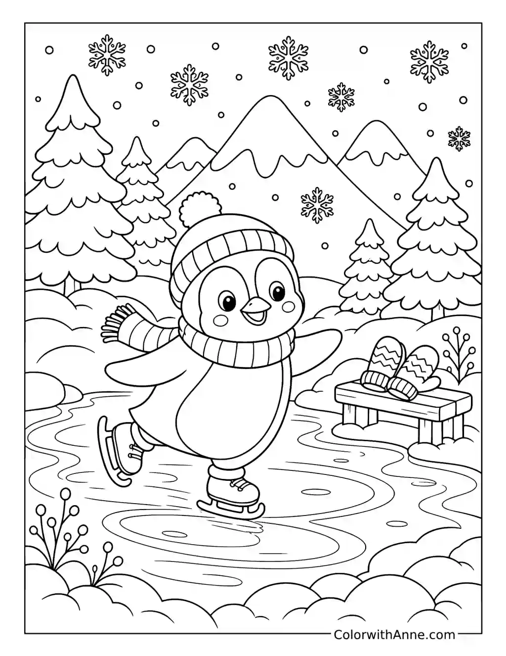 Penguin Ice Skating in the Mountains coloring page