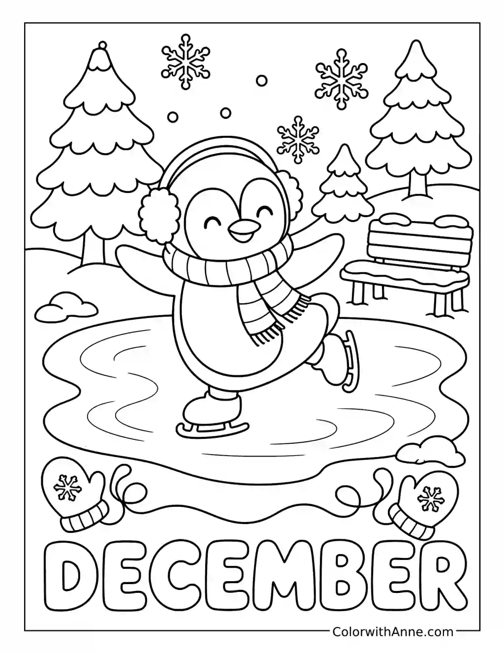 Penguin Ice Skating on a Frozen Pond coloring page