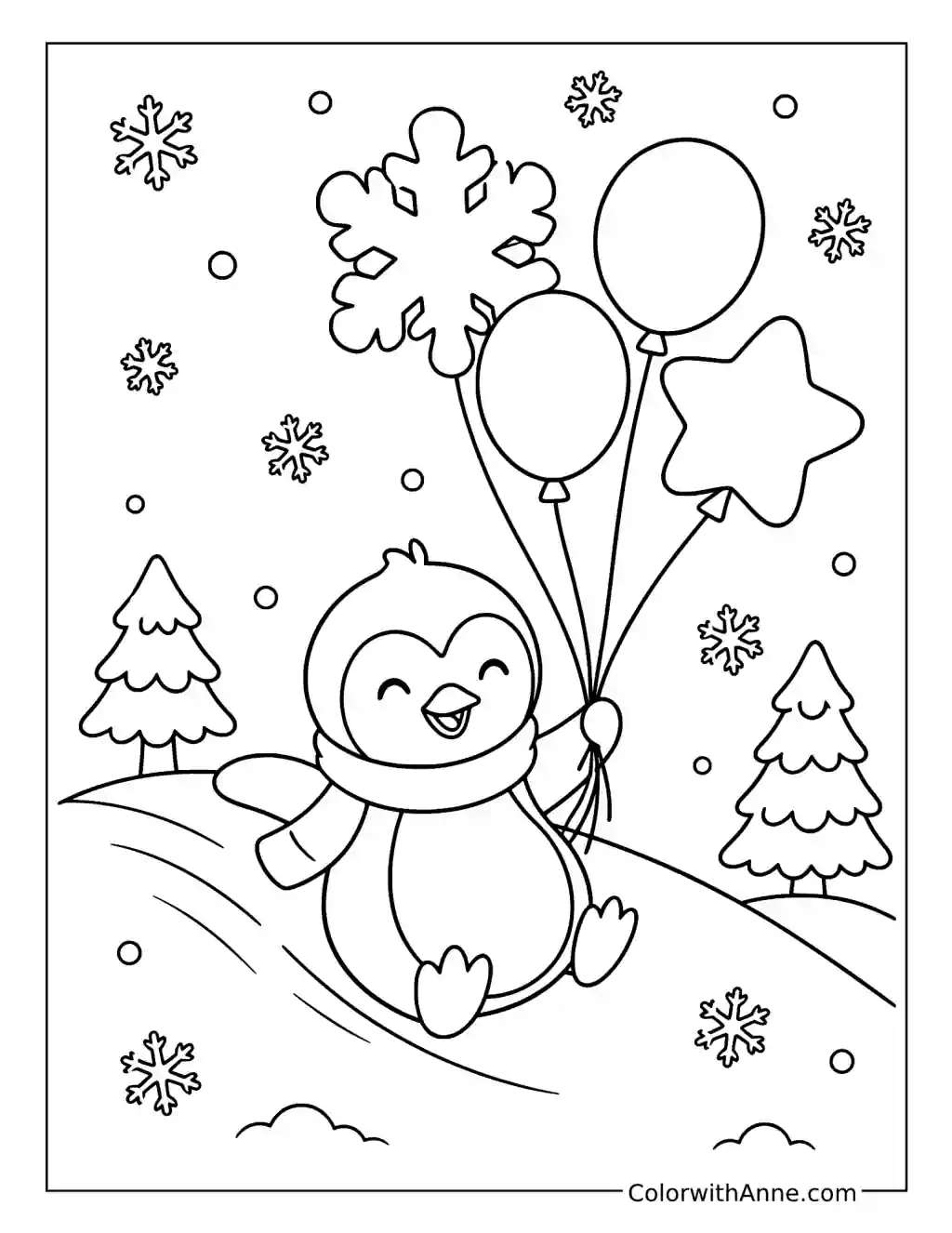 Penguin’s Snowy Balloon Slide coloring page