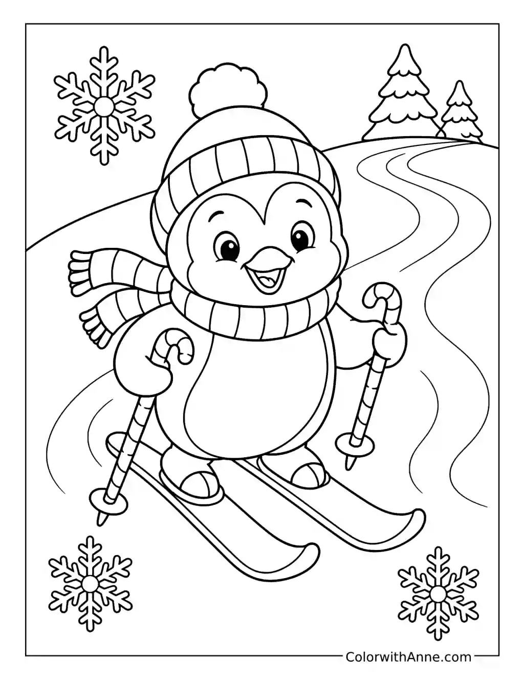Penguin Skiing with Candy Cane Poles coloring page