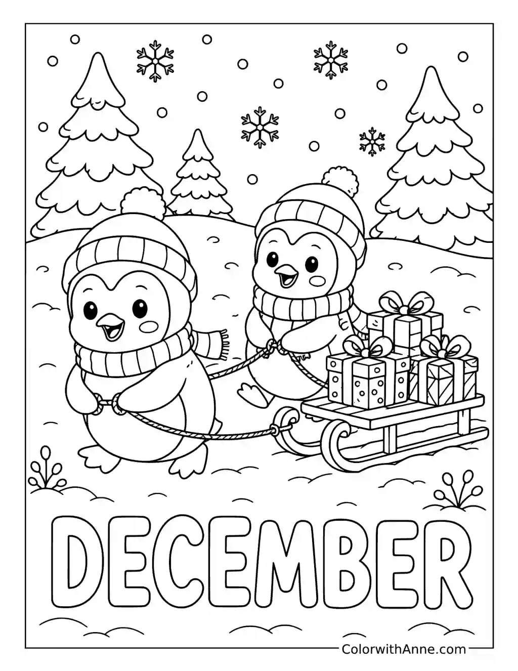 Penguins Pulling a December Gift Sled coloring page