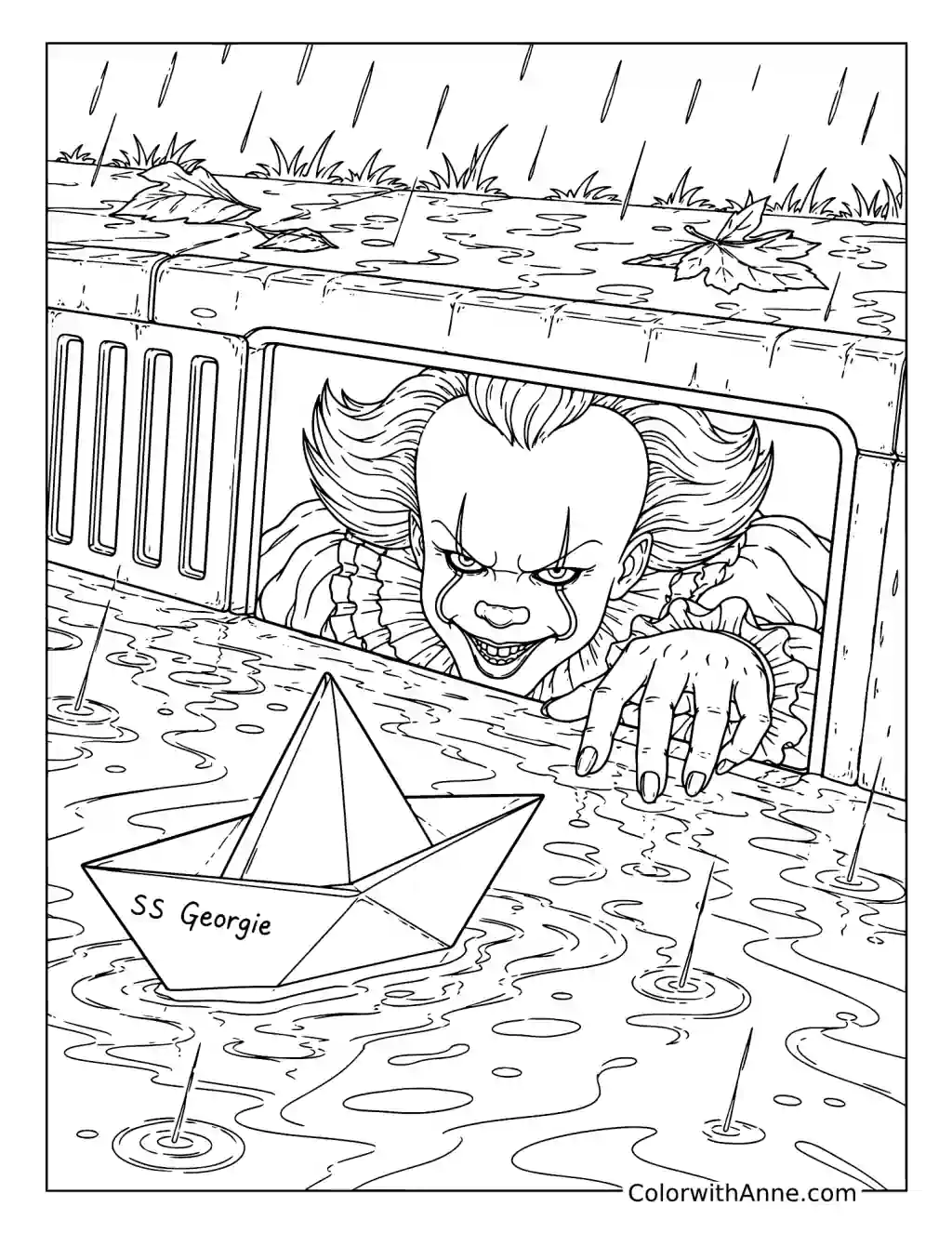 Pennywise and Paper Boat in the Rain coloring page