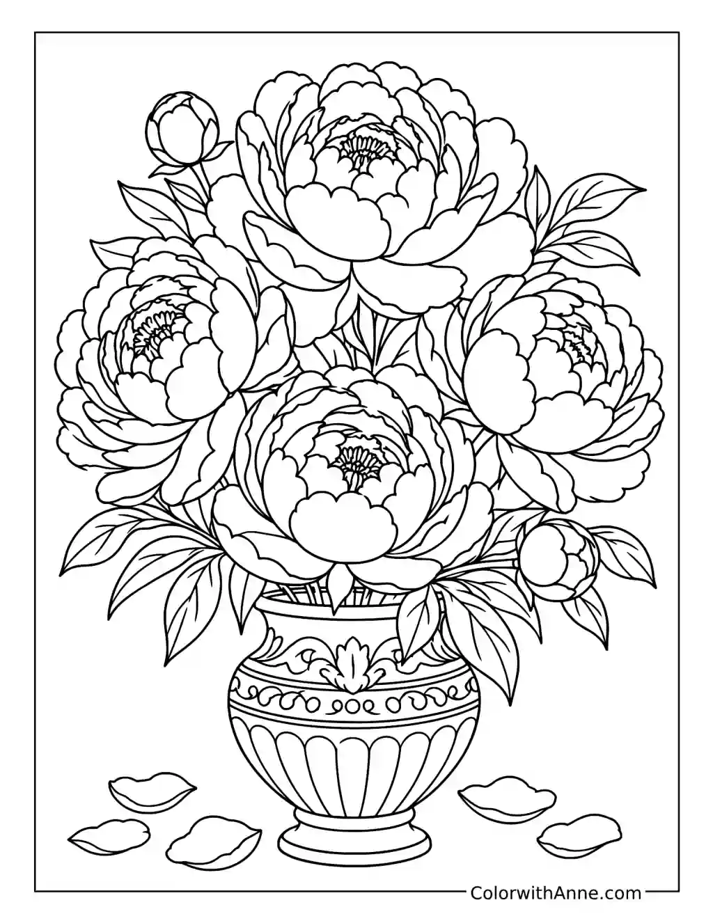 Peony Bouquet in an Ornate Vase coloring page