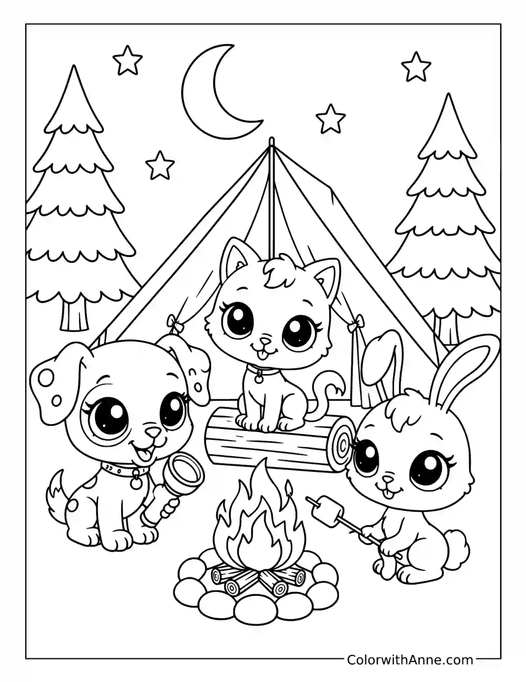 Pet Friends Camping Under the Stars coloring page