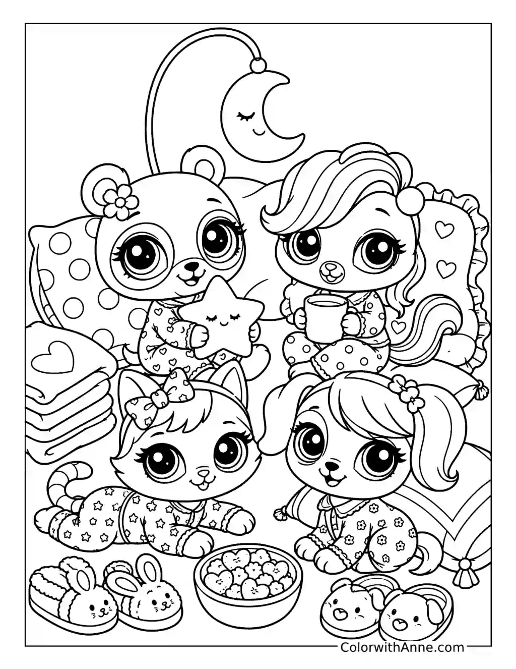 Pet Friends' Cozy Sleepover coloring page