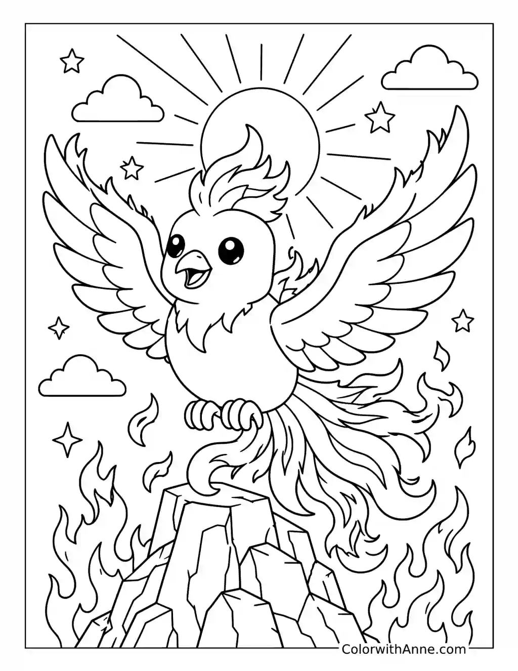 Phoenix Rising Among Flames and Stars coloring page